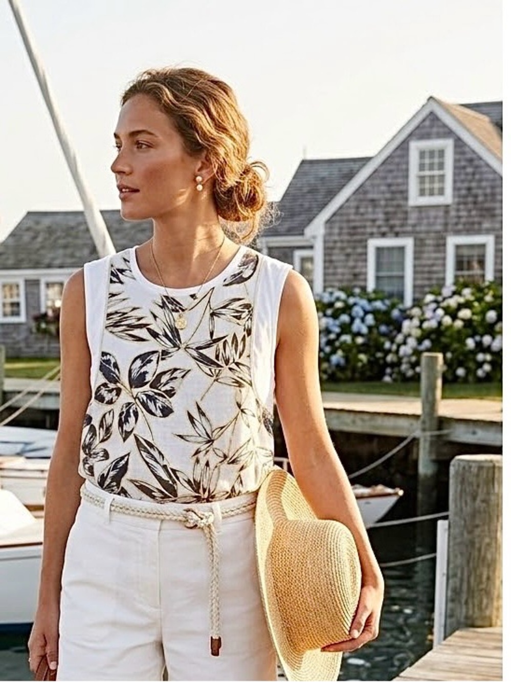 J.CREW Linen Cotton Foil Tropical Leaf Sleeveless Top Gold White Medium